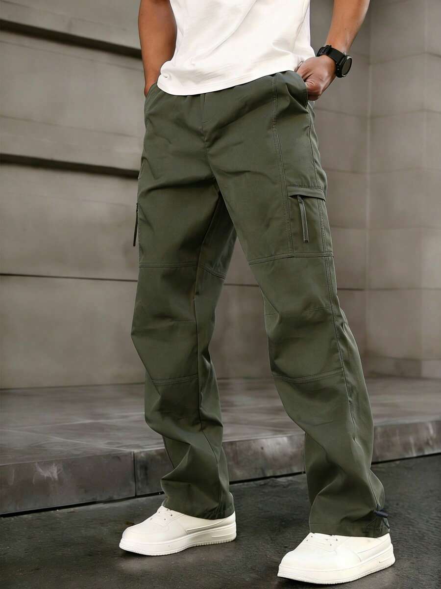 1pc Men's Solid Color Multi-Pocket Cargo Pants With Belt Loops, Casual Loose Straight Leg Trousers, Suitable For Spring, Summer, Autumn And Winter, Outdoor Fashion Cargo Pants, Gift For Boyfriend/Husband - Army Green - View 1