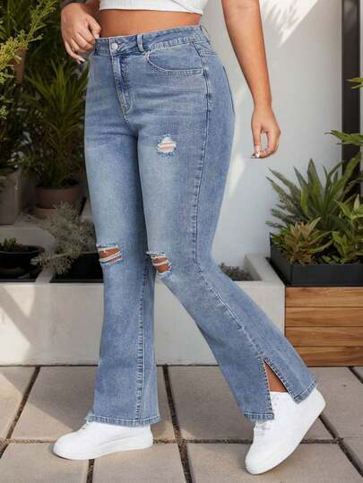 Jeans acampanado talla grande mujer: azul lavado con roturas y abertura lateral para un look versátil,​ Pantalones Vaqueros ajustados elásticos con curvy