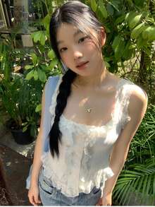 Áo hai dây dệt kim viền ren dễ thương mới về dành cho nữ, kiểu dáng thon gọn, thích hợp cho mùa xuân/hè. - trắng - Xem 3