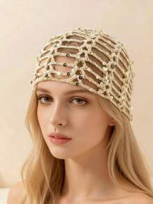 Gorro Tejido Calado Rojo con Malla y Lentejuelas Brillantes, Accesorio Fiesta Bohemio para Mujer Primavera-Verano, Complemento para Sesiones de Fotos - lago azul - Ver 2