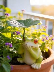 1PC Cute Resin Turtle & Frog Figurine With Leaf Umbrella, Mini Garden Statue For Outdoor Patio, Yard, Lawn, Flower Pot, Bonsai, Micro Landscape, Home Desk Decor, Whimsical Animal Ornament Gift. - Multicolor - View 6