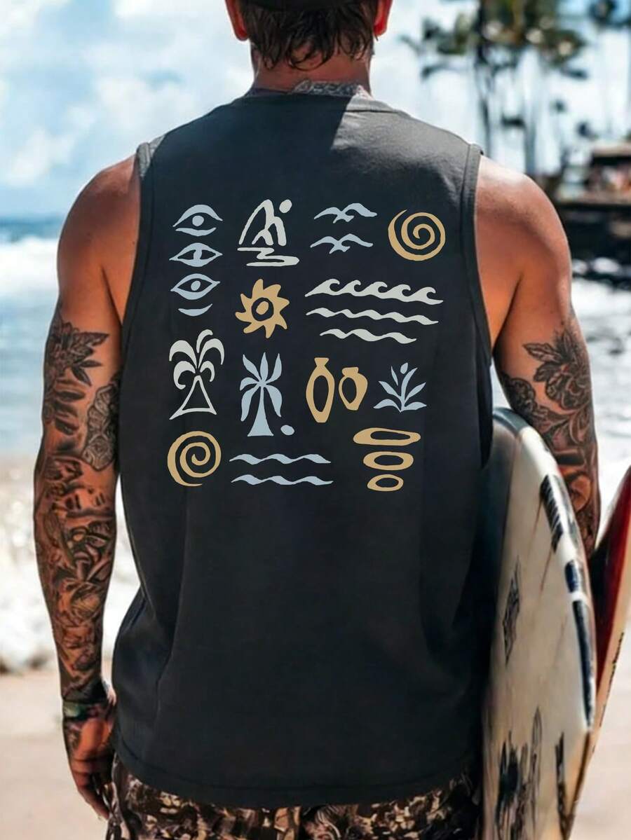 男士度假字母和棕榈树印花圆领休闲背心