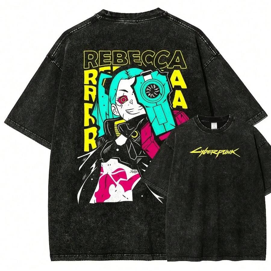 Camiseta Unisex Cyberpunk Edgerunner con Efecto Lavado 1 - Negro - Ver 1