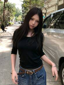 简约百搭纯色圆领修身七分袖上衣，春季休闲百搭单品 - 黑色 - 查看 7