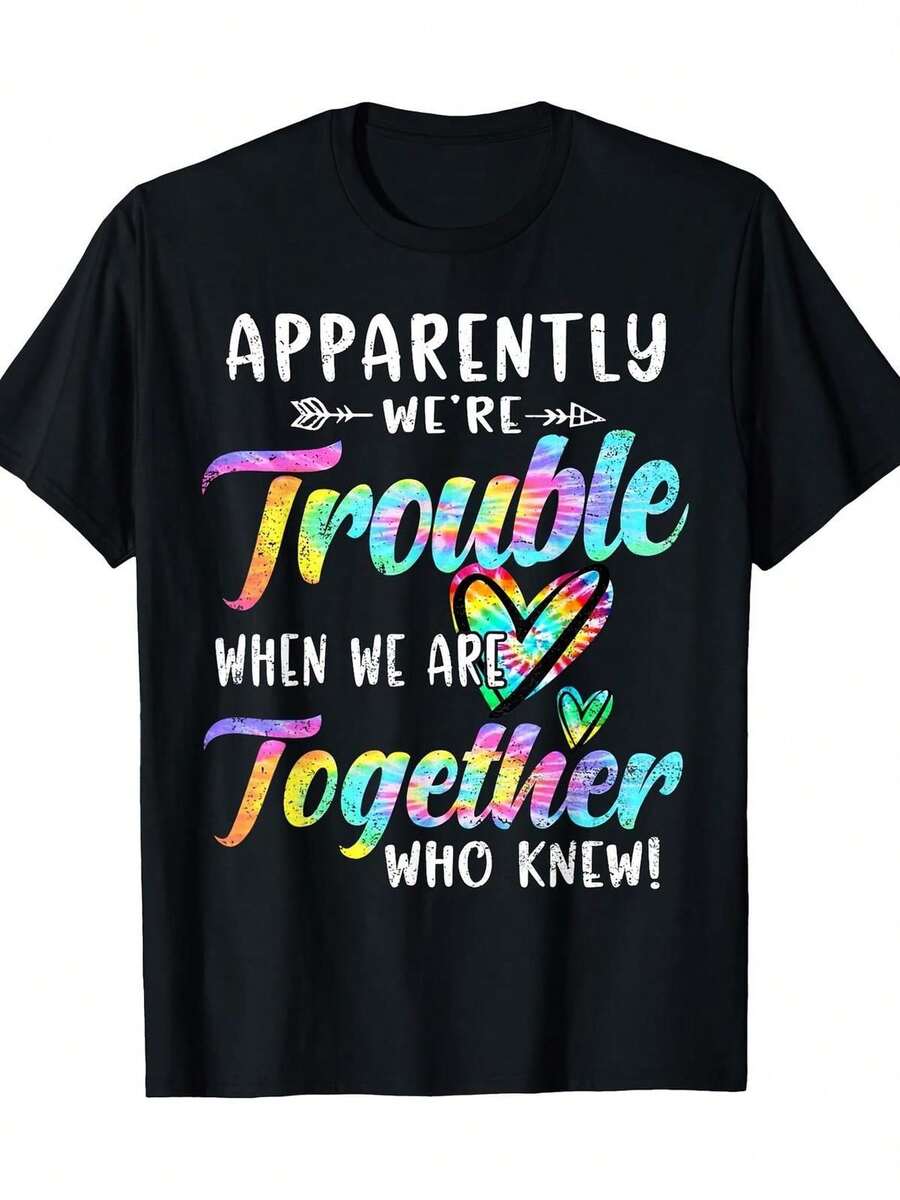 Apparently Were Trouble When We Are Together Bestie Tie Dye T-Shirt, Casual Crew Neck Short Sleeve Tee, Fabric, Slight Stretch, Summer Fashion Top, Regular Fit, Plus SizeMen's All-Purpose Short Sleeve T-Shirt – Versatile For Work, Play, And Holiday Fun Like Father's Day, Labor Day, And Weekend Relaxation - 黑色 - 查看 1