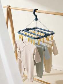 1 chiếc móc treo quần áo đa năng kèm 32 kẹp, giá phơi đồ bằng nhựa dùng cho tất, giá phơi đồ ban công, móc treo quần áo trẻ em, giá treo đồ lót. - 32 kẹp màu xanh dương + vàng - Xem 2