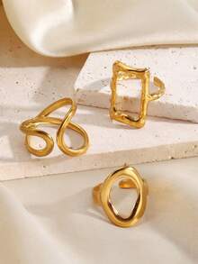 3pcs Set Fashionable Minimalist High-End Plated Stainless Steel Geometric Square & Oval Open Ring, Suitable For Women's Daily Wear & Parties - Gold - View 3