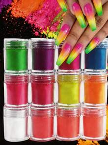 Set de 12 piezas de polvo de uñas fluorescente neón, esmalte de uñas degradado arcoíris, brillo, decoración de arte de uñas DIY para primavera/verano - Multicolor - Ver 2