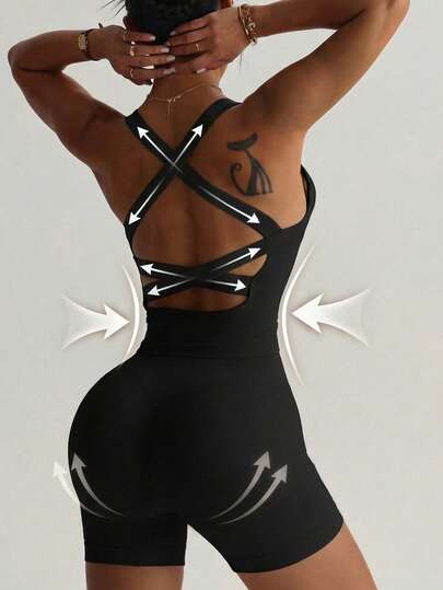 Women's High Waist Seamless Butt Lifting Sports Set, Criss-Cross Back Tummy Control Yoga 2 Pieces Outfit, Suitable For Home Fitness