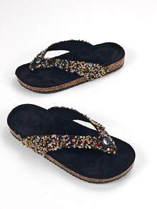 2026 Nuevas chanclas de verano para mujer con cristales de colores, sandalias planas con diamante de imitación, plantilla de espuma viscoelástica cómoda, pantuflas de playa de moda, adecuadas para vacaciones en la playa, regalo ideal para el Día de San Valentín - Negro - Ver 5