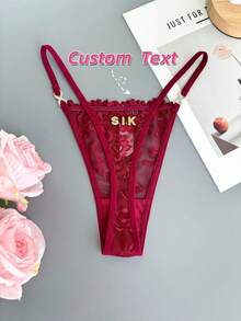 Ladies' Name/Text Personalized Rhinestone Lace Thong - Low Waist See Through G-Pants With Crystal Letters, Lingerie Gift For Wife/Girlfriend (Anniversary, Valentine's Day, Birthday) - Hand Wash Only - Burgundy - View 6