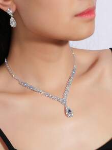1 Set Gold-Tone Elegant Necklace And Earrings Jewelry Set, Fashion Simple Necklace Earrings Suit For Gala, Wedding, Birthday Party, Prom, Adult Ceremony, Alloy Crystal Bridal Accessories Valentine's Day Accessories - Silver - View 11