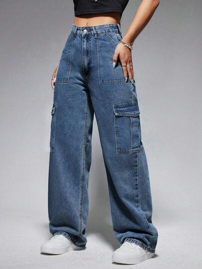 CHILAM Pantalones vaqueros de mezclilla de corte recto y corte holgado para mujer, estilo cargo oversize moderno con bolsillos, ideales para un look casual y cómodo.