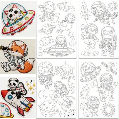 수용성 자수 안정제, 미리 인쇄된 우주 비행사, 동물 및 우주 요소 패턴, 수제 바느질에 적합, 모자, 장갑, 의류 및 기타 DIY 프로젝트를 위한 초보자 친화적인 자체 접착 부직포 바느질 용지