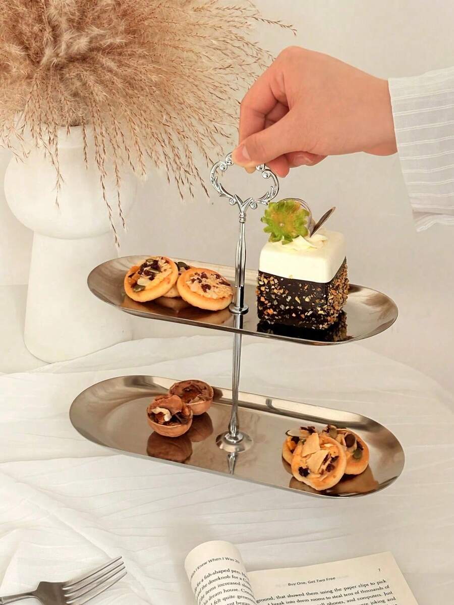 1 chiếc giá đựng bánh hình bầu dục bằng thép không gỉ, khay đựng tráng miệng cho trà chiều tại nhà, đĩa đựng trái cây.