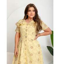 Evangelical Fashion Dress, Midi Skirt, Buttons, Embroidered Detail, Ruffle. - Amarillo - Ver 2