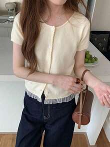 Cute Lace Trim Sweet & Gentle Elegant Solid Color Crew Neck Knit Short Sleeve Top Summer - Beige - View 5