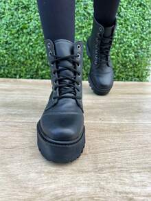 Women's Ankle Boot With Tractor Sole, Mid-Calf, Platform, Comfortable, Military Style, Black, Beige, Off-White - 黑色 - 查看 4