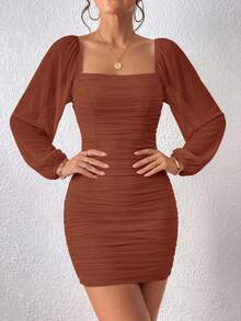 Women's Summer Dress Elegant Square Neck Lantern Long Sleeve Mini Pleated One-Piece Dress Stretch Mesh Slim Dress - Caramen - Xem 4