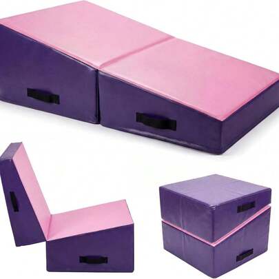 Fulvari Incline Gymnastics Mat, 47" Folding Cheese Mat For Tumbling & Home Training, High Density EPE Foam Tumbling Mat With 4 Handles, Pink & Purple
