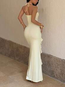 Vestido de verano sexy y elegante de unicolor con cuello halter, volantes en el bajo y abertura lateral - Amarillo - Ver 2