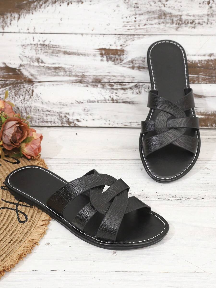 Women's Metal Woven Criss-Cross Slide Sandals, Women's Flat Slippers - Black - View 1