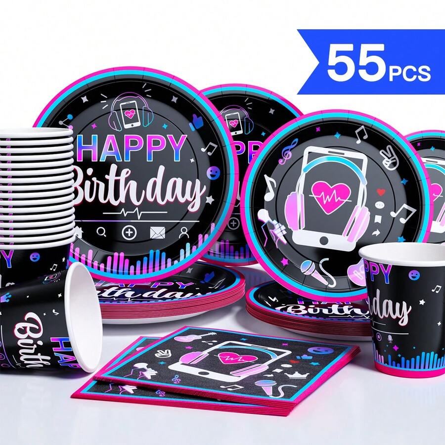 Conjunto descartável de Pratos, Guardanapos e Copos com tema de Música para Feliz Aniversário, Pratos, Guardanapos e Copos, Suprimentos para Festa, Adequado para 10 Convidados, Pratos de Papel Descartáveis, Utensílios de Mesa para Festa Adequados para Aniversário, Casamento, Festa, Piquenique Familiar - Visão 1