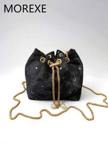 Women's Small Handbag, Fashionable Drawstring Chain Bucket Bag, Star & Moon Pattern Small Crossbody Bag - Black - View 2