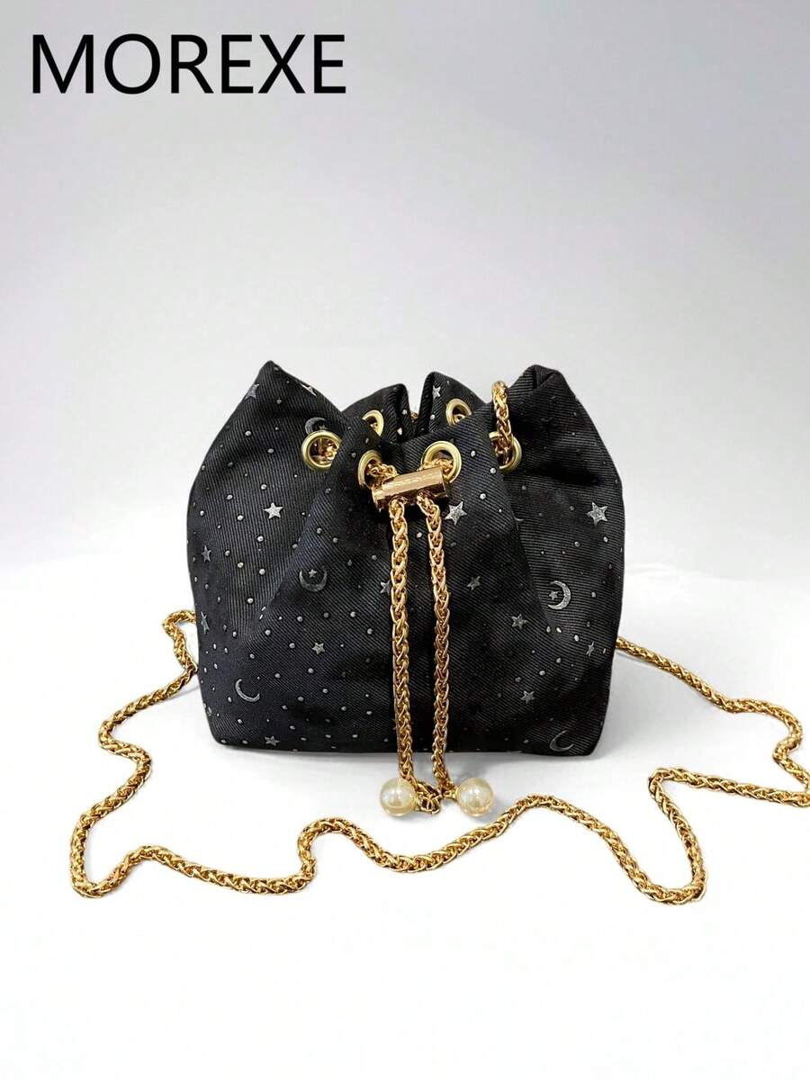 Women's Small Handbag, Fashionable Drawstring Chain Bucket Bag, Star & Moon Pattern Small Crossbody Bag