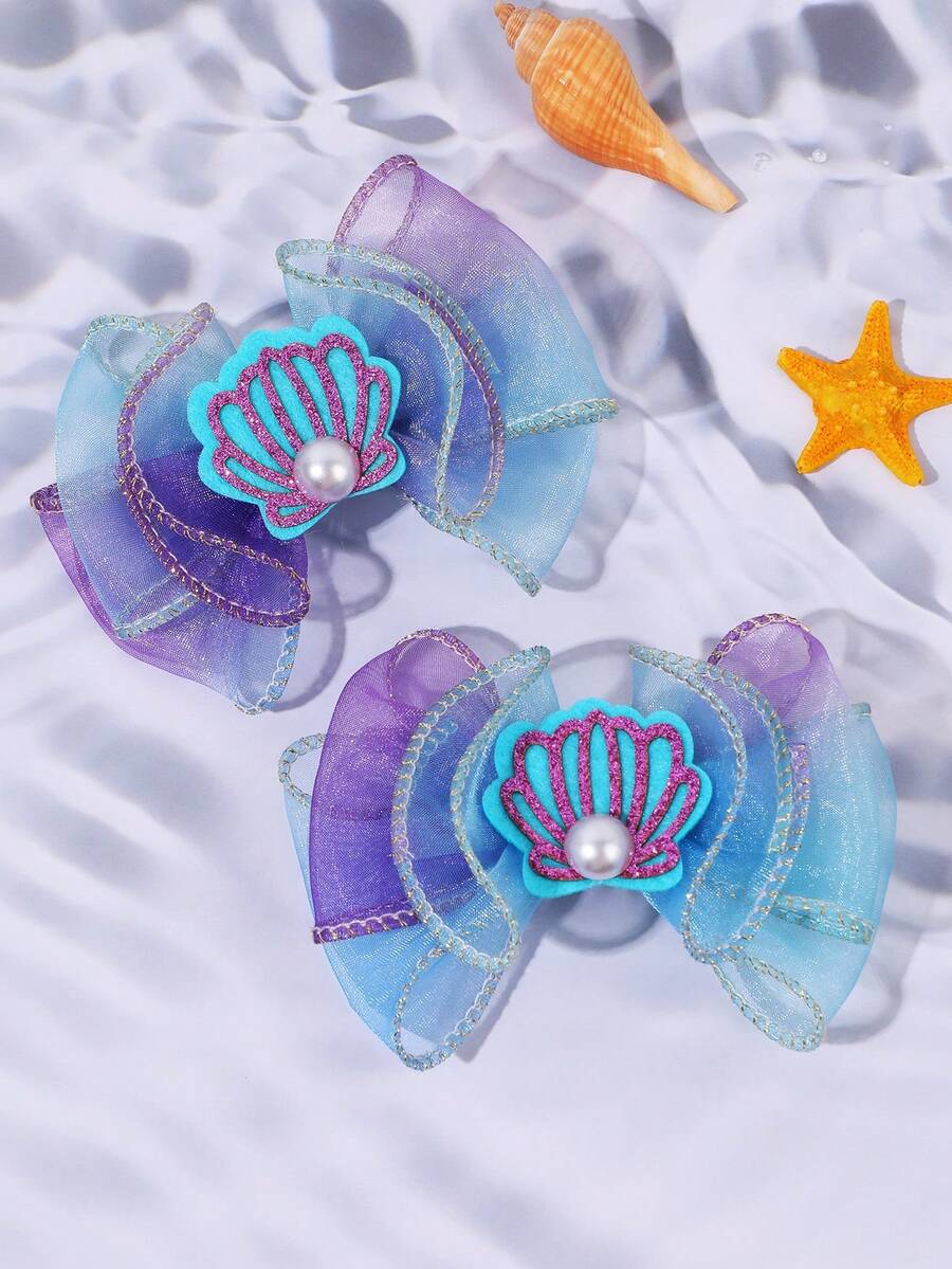 2 Stücke blaue Haarschleifen-Haarclips für Mädchen, Garn-Muschelzubehör Dekor Haarschleifen Clips, modische Haaraccessoires als Geschenke für Mädchen-Partys - Blau - Übersicht 1