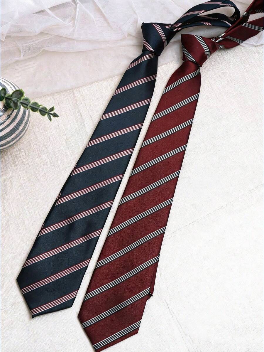 1条酒红色条纹手工领带,适合休闲、街头风、衬衫、制服、约会、校园、日常穿着、拍照搭配。 - 彩色 - 查看 1