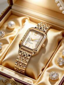 SOKI SOKI Montre pour femme, mode décontractée élégante, unique, vintage, cadran rectangulaire, bracelet avec strass, ensemble de bijoux, entraînement électronique et affichage à aiguilles, convient pour le port quotidien, la rentrée scolaire, cadeau d'anniversaire, fête et port décoratif pour les vacances - Doré - Voir 7