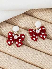 1 Pair Festive Red Bowknot & Pearl Earrings, Suitable For Birthday, Party, Celebration Or Summer Floral Dress - Red - View 4