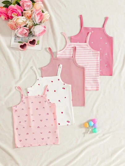 5pcs/Set Girls Sleeveless Camisole Tops, Comfortable Sweet Fashion Versatile - Suitable For Casual Daily Wear/Gift