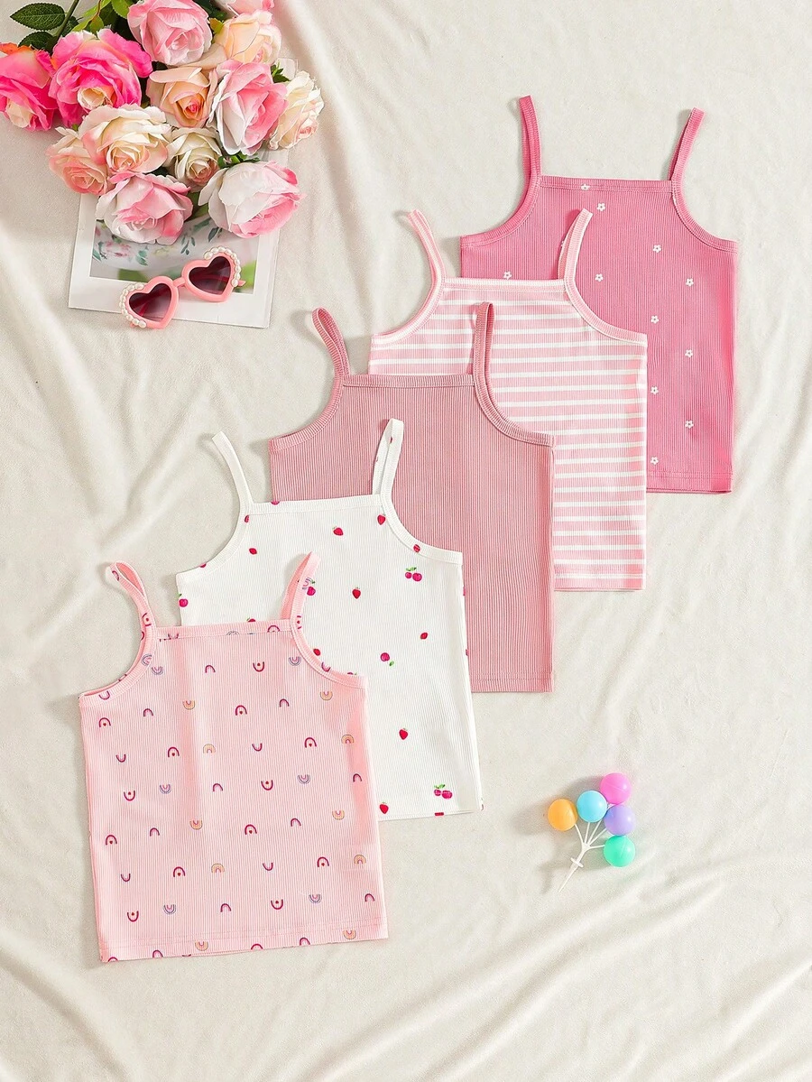 Set de 5 piezas de tops de camisola sin mangas para niñas, cómodos y de moda versátil - Adecuado para uso diario casual/regalo - Multicolor - Ver 1