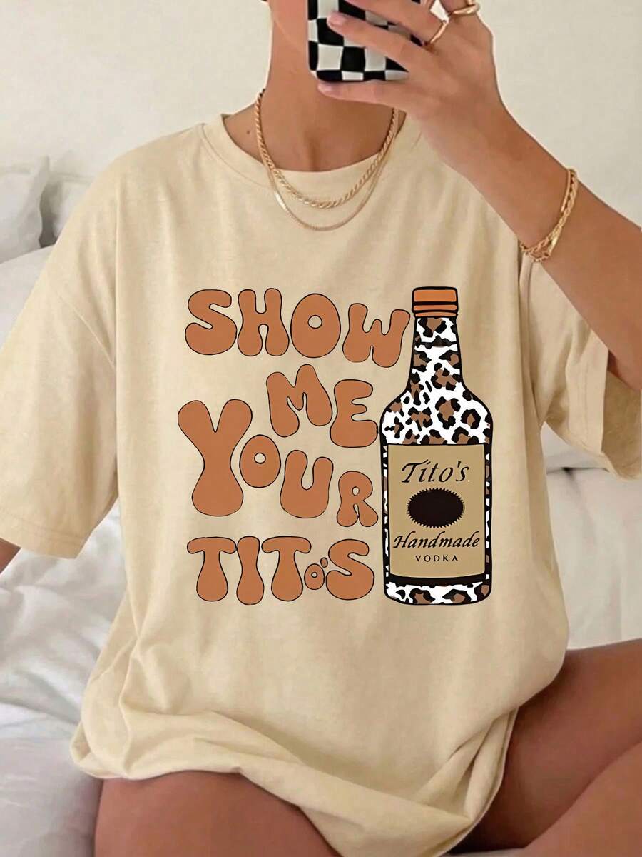 Y2K Style Women's Summer Top, Cute And Fun. Featuring Tito's Vodka Funny References, Leopard Print Wine Bottle Illustration, Retro Wave Font, American Playful Style, Cartoon Letter Pattern Printed Women's T-Shirt. Suitable For Various Occasions, As A Gift For Festivals, Birthdays, Music Festivals, Casual Wear, Versatile And Comfortable, For Beach Vacations, Simple And Fashionable, Suitable For Women And Girls' Daily Wear. - Apricot - View 1