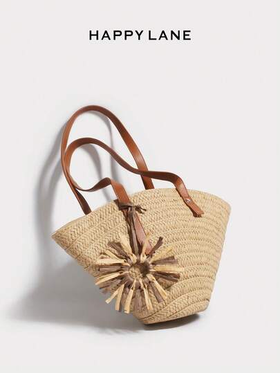 HAPPY LANE Straw Handbag, Vacation Style Woven Fan Shape, Brown Leather Patchwork, Tassel Decor, Shoulder & Handheld 2-In-1, Beach & Commute, Fashionable & Versatile