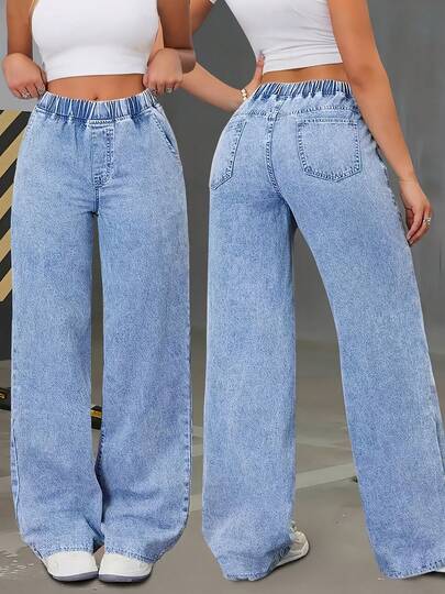 Women's Stretch Waist Wide-Leg Jeans, High-Waisted Tummy-Revealing Straight-Leg Jeans, And Acid-Washed Jeans With Pockets - These Elegant Women's Outfits Are Not Only Comfortable To Wear, But Also Have A Loose Style, Making Them Perfect For Travel, Work Or Daily Office Occasions.