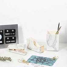Portalápices de plástico ABS con impresión estilo mármol blanco para organizar cosas de escribir también para cosméticos y accesorios de computadora Blanco mármol Pen Holder and Tape Dispenser and Stapler - como en la foto - Ver 5