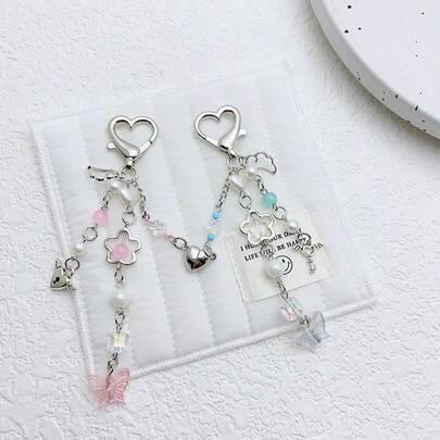 2pcs/Set Women's INS Style Heart, Butterfly, Star Beaded Pendant Keychain, Minimalist Versatile Phone Charm