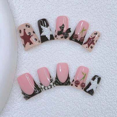 Bộ 10 móng giả Y2K hình ống - Làm thủ công, móng màu hồng, móng màu đen, móng kiểu Pháp màu đen, nghệ thuật móng 3D hình quả anh đào thủ công, họa tiết da báo vẽ tay và ngôi sao trắng, trang trí ngọc trai trắng lấp lánh và nơ đen, móng tay tinh tế, duyên dáng - Hoàn hảo cho các bữa tiệc và trang phục thường ngày, món quà ngày lễ hoàn hảo cho phụ nữ và các cô gái