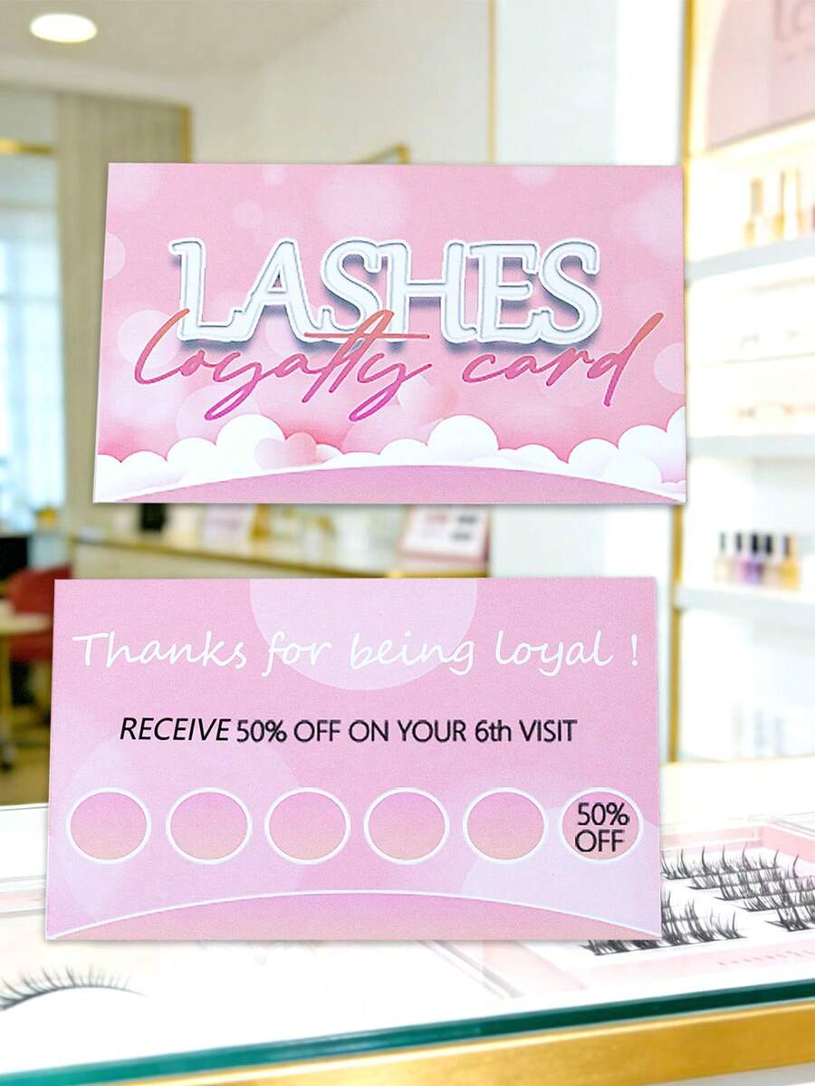 10/50张美睫名片套装：包含美睫会员卡和折扣卡——专为美睫沙龙、美睫师和美甲专业人士设计 - 粉色 - 查看 1