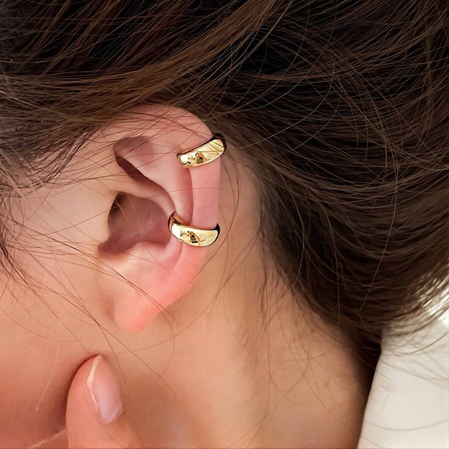 2 piezas/1 set Clips de oreja plateados Pendientes de perforación falsa para mujeres Anillos de cartílago redondos con estilo en oro y plata, Conjunto de joyas virales 2025 perfecto para regalos del Día de San Valentín, Día de la Madre, cumpleaños y aniversario - Plateado - Ver 1