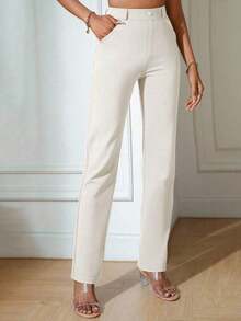 Solid Slant Pocket Straight Leg Pants Spring Elegant - Màu be - Xem 5