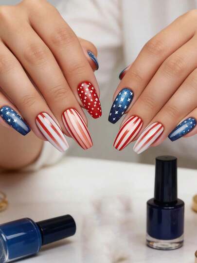 24pcs Mid-Length Star Pattern Nail Stickers, Red & White Striped Sweet Style, Ballet Shape Fake Nails, Bicolor For Daily, Party, Holiday, Convenient Nail Art Stickers
