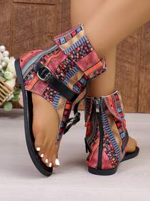 Bohemian Style Color Block Flip Flop Sandals, Retro Buckle High-Top Sandals - Red - View 5