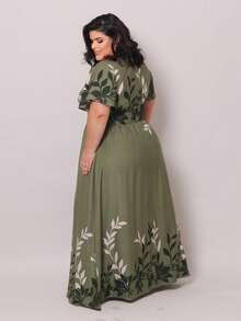 Women's Long Printed Dress With Hem, Viscose Linen Twill, Short Sleeves, Front Gathering, Elastic Back, Elegant - 軍綠色條紋 - 查看 3