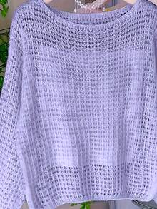 Casual Loose Solid Color Hollow Relaxed Style Knit Top For Women Summer - Purple - View 5