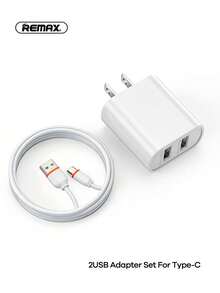 Remax 18W PD充电器套装，包含2个USB-A接口和1米PD Type-C充电线，兼容iPhone 14/13/12/11及安卓手机，通用旅行充电器套装（1-3套），适合旅行、办公、宿舍和家庭使用，多接口设计，包含适配器 - 白色 - 查看 2