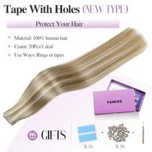 MFANCEE OVO Hair Extensions Real Human Hair PU Holes Wefts With Micro Beads Blonde Highlight Volume Upgrade Butterfly Seaml Weft Invisible Beaded Hair Extension With Tools 40g 20Pcs 16 InchN - 金色挑染 - 查看 2